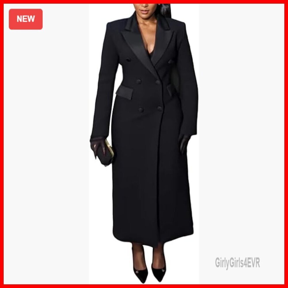 Long Sleeve Blazer Dress with Lapel Pockets, Ankle Length Trench Coat for
